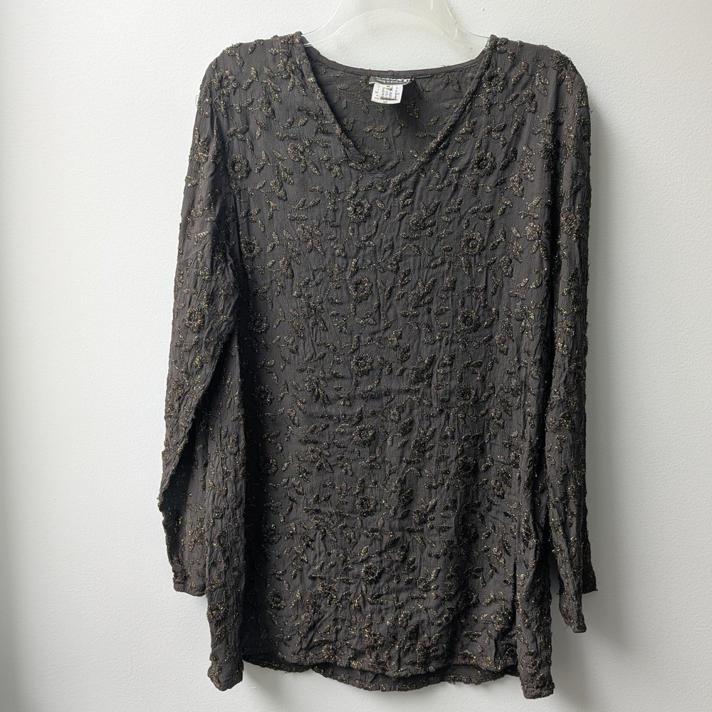 Vtg Ghost Tunic Top Brown Gold Metallic Floral Embroidered V-Neck Sz M Shimmer